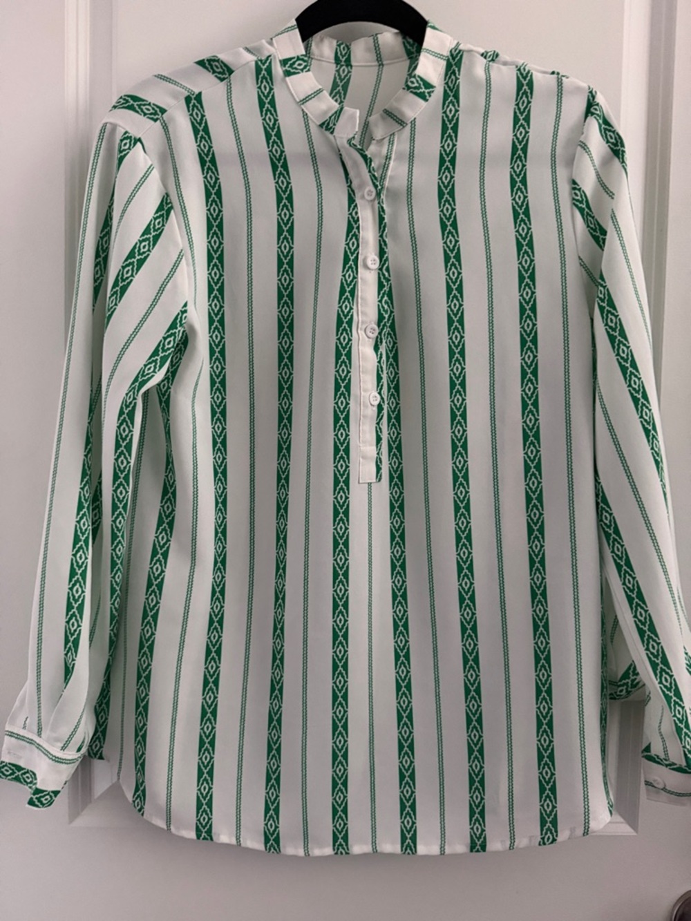 Green & White Striped Band-Collar Blouse